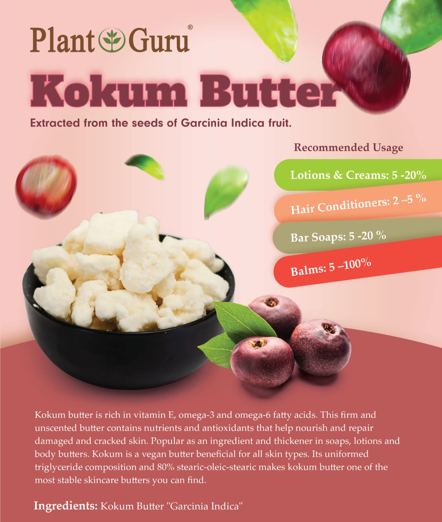 Plant Guru Raw Kokum Butter 3 lbs. Bulk 100% Pure Natural - Great for Skin, Body and Hair Moisturizer, DIY Creams, Balms, Lotions and Soap Making.