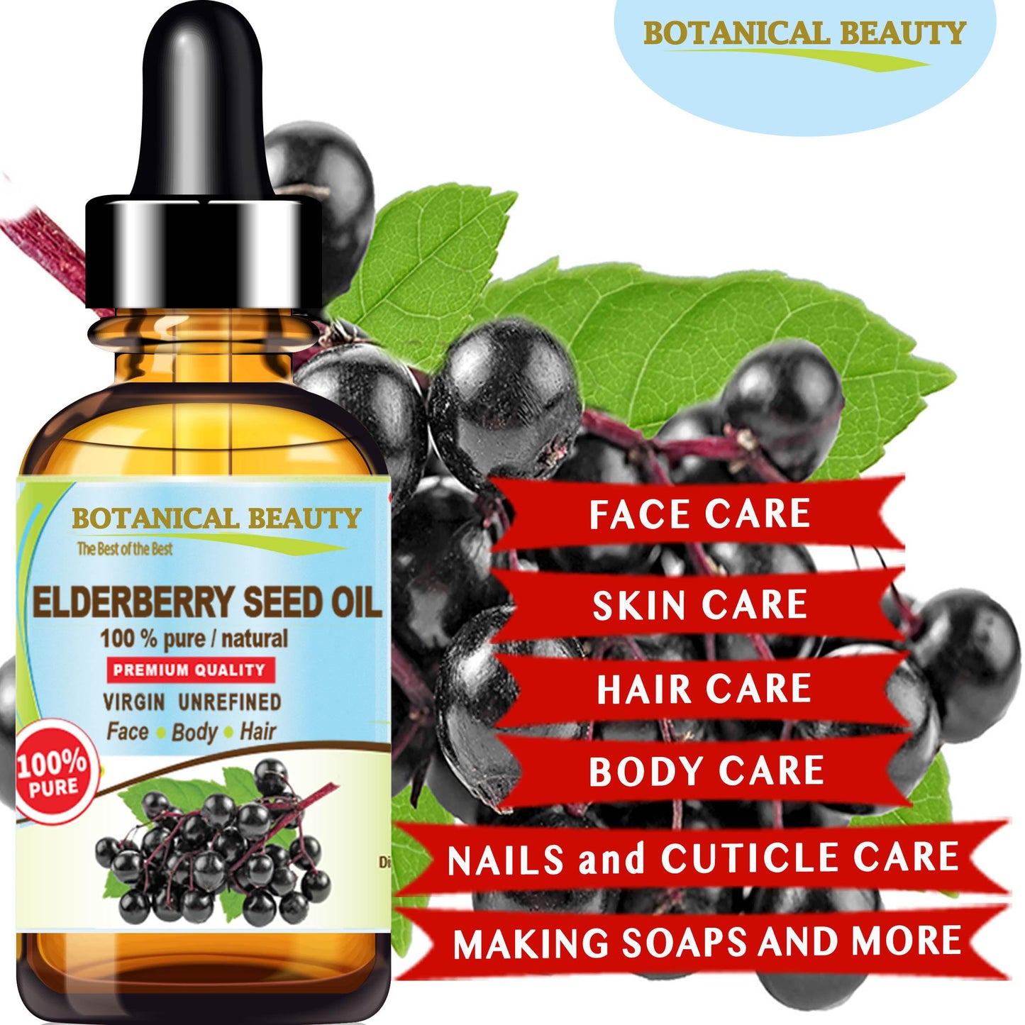 Botanical Beauty Belgian Elderberry Seed Oil Sambucus Nigra 100% Pure Natural Virgin Unrefined Cold Pressed Carrier Oil 0.5 Fl. Oz.- 15 ml for FACE, Skin, Hair, Nails, Anti-Aging. Rich in Vitamin E