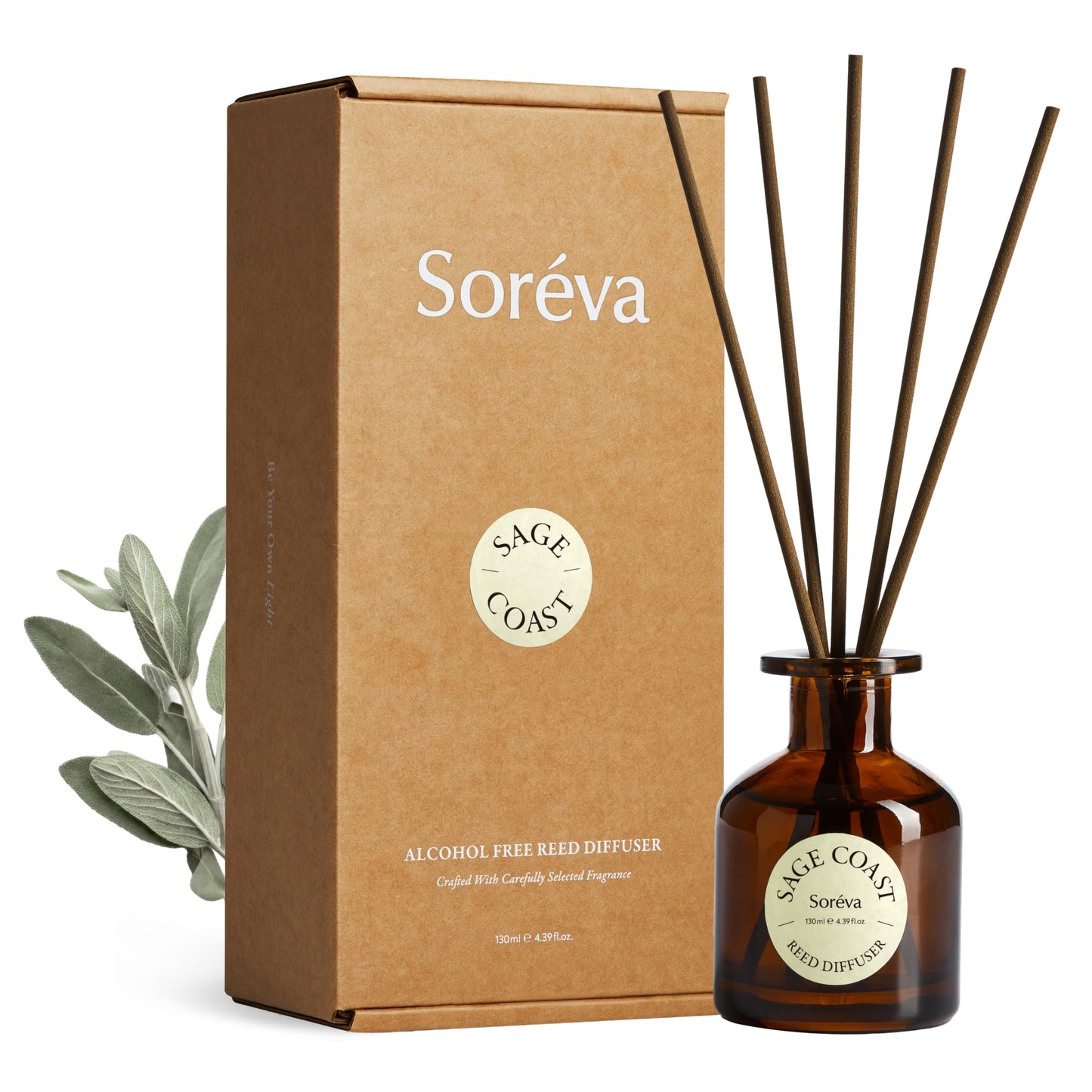 Soréva Sage & Sea Salt Reed Diffuser Set, Ocean Mist Aromatherapy, Plant-Based Essential Oils, 120-Day Mindful Alcohol-Free Home Fragrance for Bathroom & Office, Gift Set with 7 Sticks, 4.39 fl oz