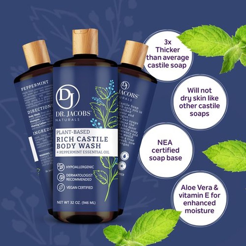 DR. JACOBS NATURALS Castile Peppermint All-Natural Body Wash for Moisturizing Dry and Sensitive Skin Shampoo with Plant-Based Ingredients Gluten, Preservatives-Free Formula - 32 oz, Pack of 2
