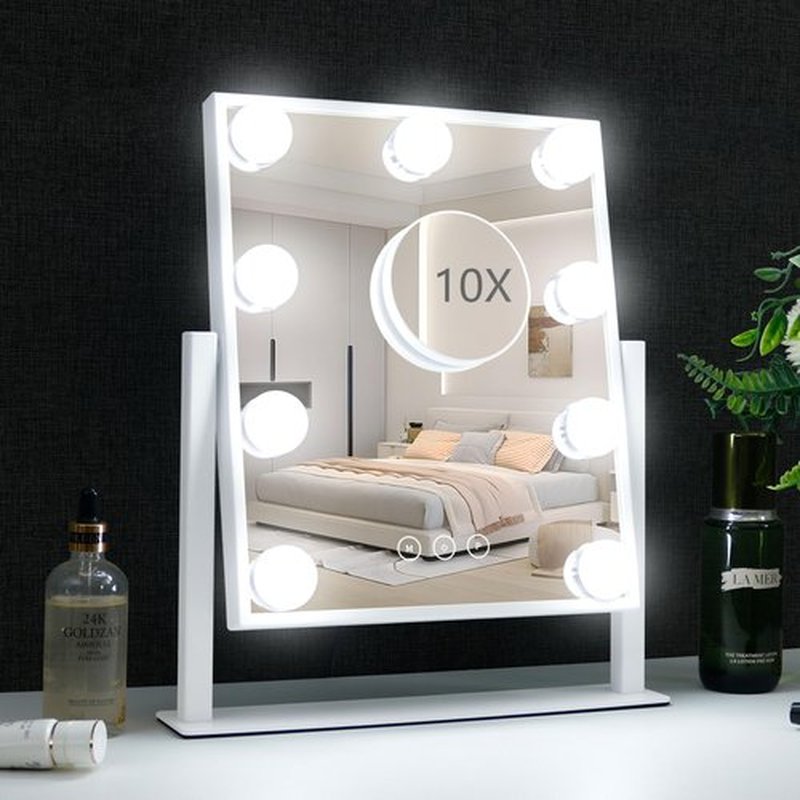 Vanity Mirror with Lights,Lighted Vanity Mirror with 9 Dimmable Bulbs for Dressing Room & Bedroom,3 Color Lighting,Modes Detachable 10x Magnification 360°Ratation(White)