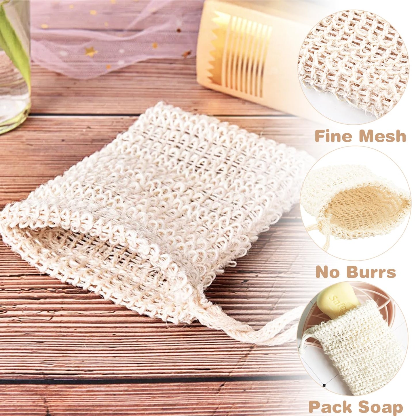 50 Pack Sisal Soap Saver Bag with Drawstring, Natural Cotton-Linen Exfoliating Net Pouch for Foaming and Drying, Travel Bar Soaps Mesh Bags Soap Savers for Bath and Shower Use
