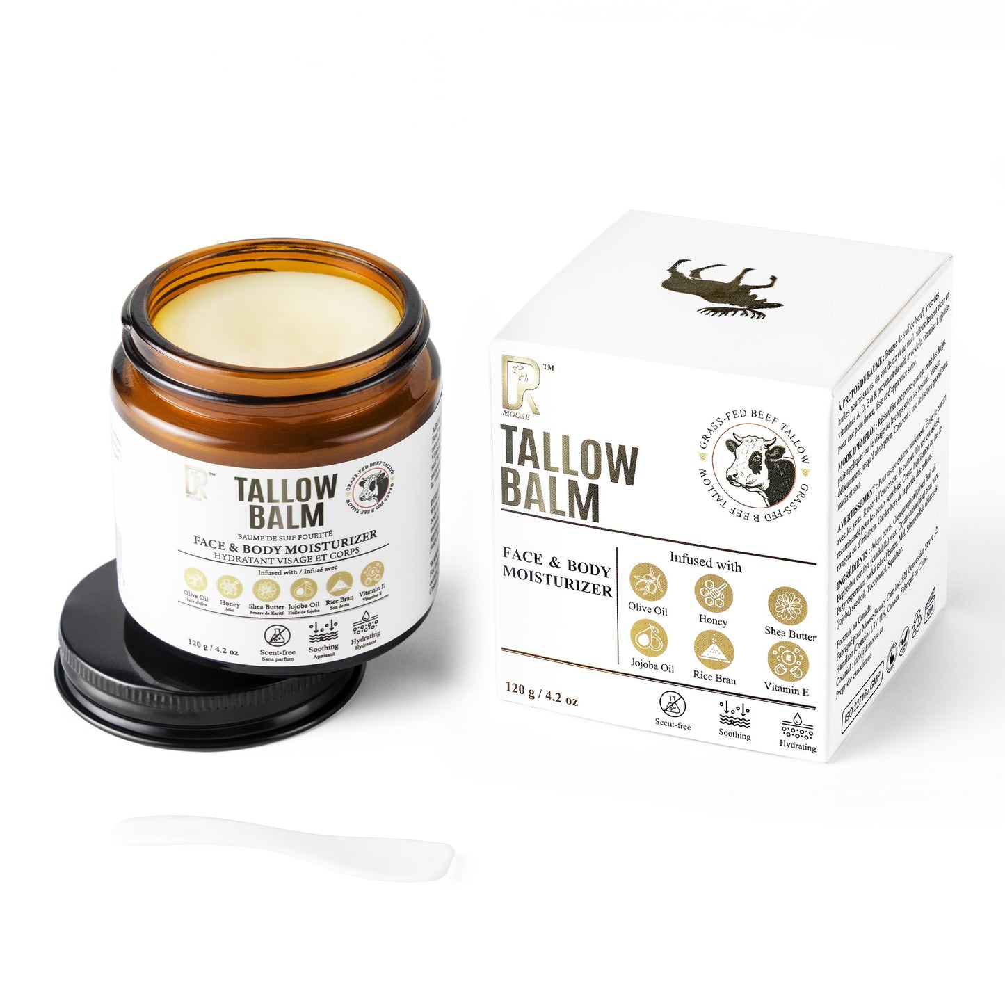 DRMOOSE – Beef Tallow and Honey Balm for Face & Body, Grass-Fed Moisturizer for Dry & Sensitive Skin, Hydrating Body Butter, Unscented, 120 g / 4.2 oz