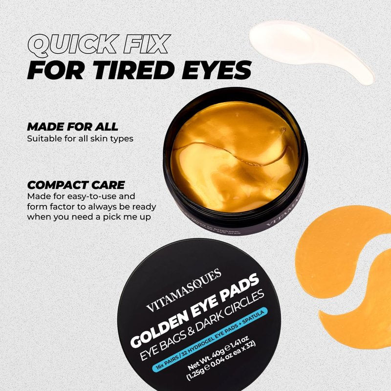 Golden Hydrogel Eye Pads for Puffy Eyes & Dark Circles - Refresh in 15 Minutes | 32 Pairs (64 Pads)