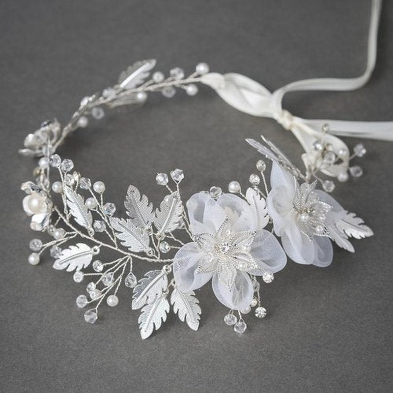 SWEETV Flower Wedding Headpieces for Bride Rhinestone Bridal Headband handmade bride hair vine wedding hair piece for bride hair accessories for Women and Girls Silver