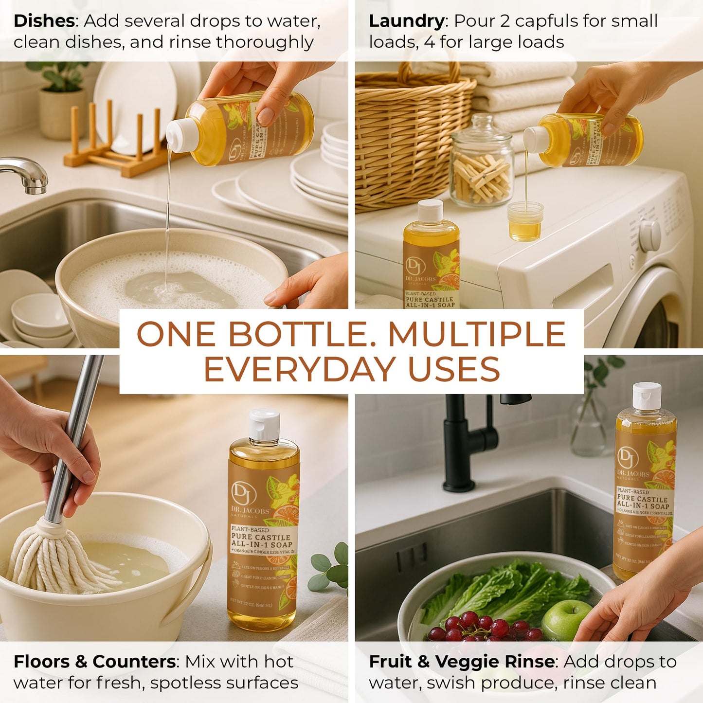 Dr. Jacobs Naturals Orange & Ginger Castile All-In-One Cleaner and Soap - Plant-Based Formula for House Cleaning Floors and Appliances - Gentle on Skin and the Planet - 32 oz, 1 Pack