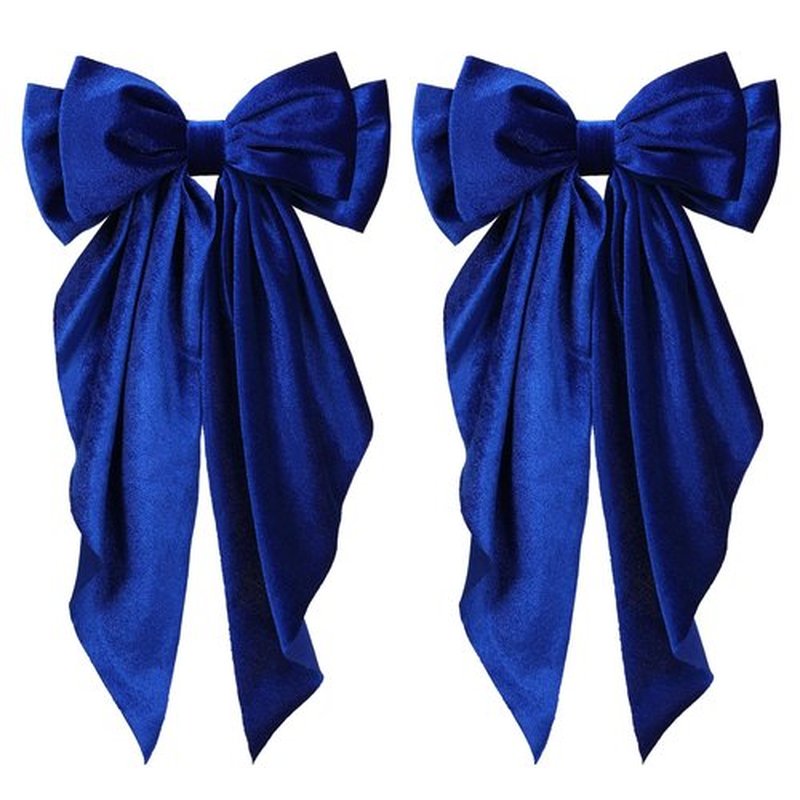 2pc Royal Blue Velvet Ribbon Hair Bows for Women Girls Big Bowknot Hair Clips with Long Tail French Barrette Hair Clamps Wedding Party Hair Decor Accessories