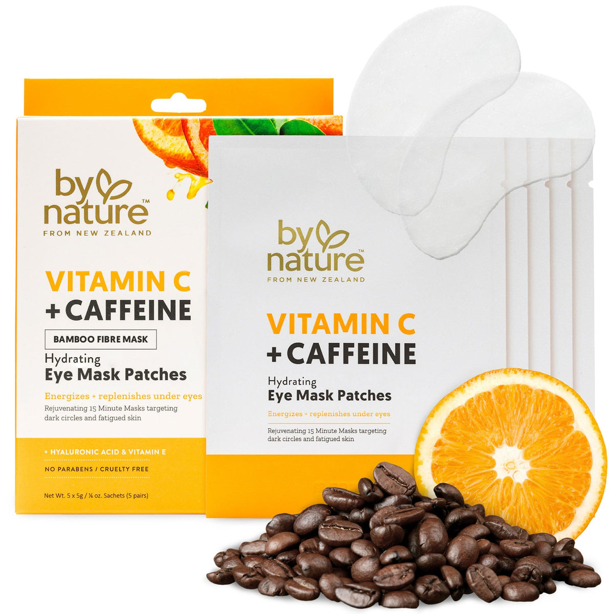 By Nature Vitamin C + Caffeine + Hydrating Under Eye Mask Patches - Energizing + Replenishing Eye Patches for Dark Circles - Skincare from New Zealand - Under Eye Patches - 5 Pairs
