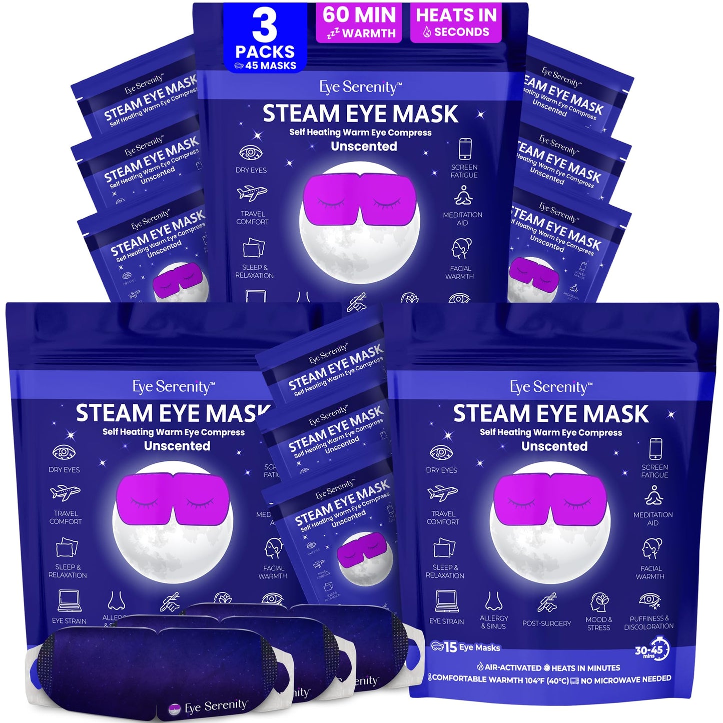Lure Essentials Eye Serenity Steam Eye Mask, Heated Eye Mask, Self Heating Warm Compress for Dry Eyes, Fast Relief for Stye, Puffy Sensitive Eyes, Moist Heat, Gift for Women and Men - Unscented