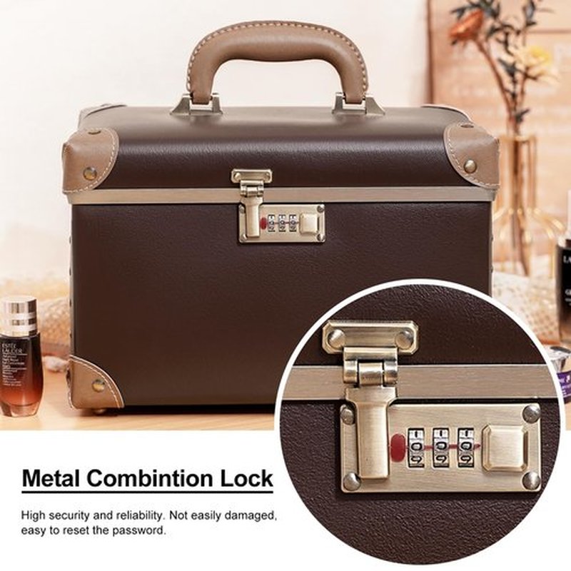 urecity Portable Makeup Train Case Cosmetic Organizer Case Leather Storage Box with Combination Lock (12.5", Dark Brown)