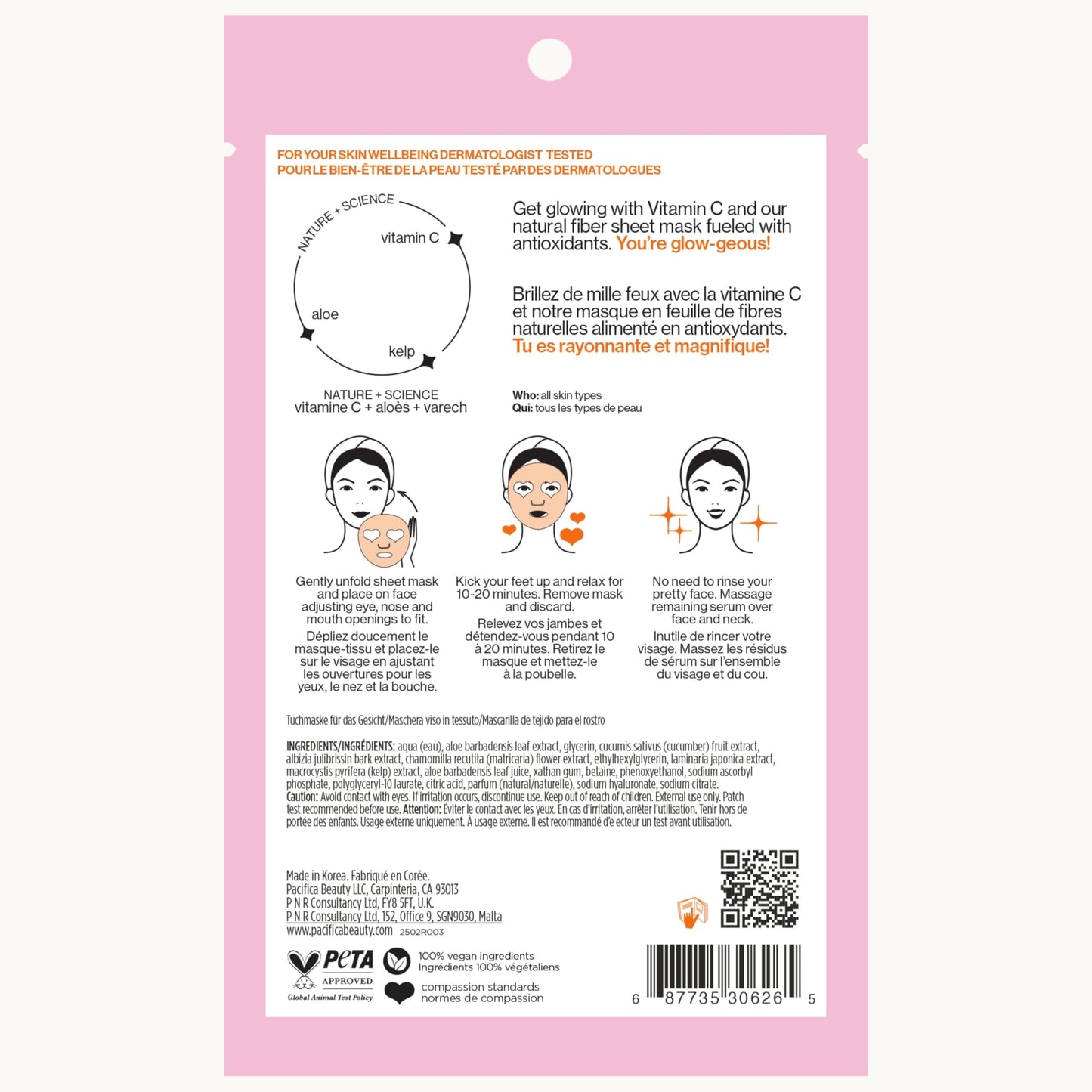 Pacifica Glow Baby Brightening Vitamin C Face Mask 4-Pack – Hydrating Serum-Soaked Sheet Mask for Glowing Skin, Fights Dullness & Dark Spots, Infused with Aloe & Kelp, 100% Vegan & Cruelty-Free