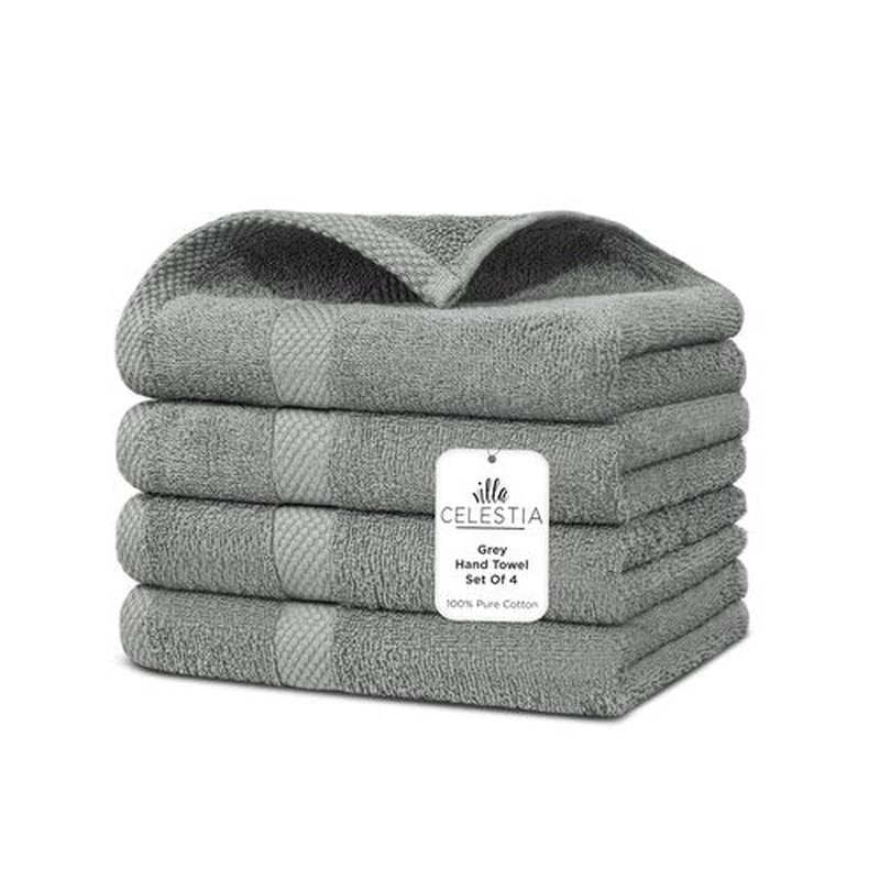 Villa Celestia 100% Cotton Hand Towel Set of 4, (16 x 28 inches) Sustainable, Soft, Highly Absorbent, Quick Drying, Combed Cotton Hand Towels Pack of 4 Ideal for Hotels, Spa, Bathroom, Dorm, Grey
