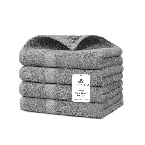 Villa Celestia 100% Cotton Hand Towel Set of 4, (16 x 28 inches) Sustainable, Soft, Highly Absorbent, Quick Drying, Combed Cotton Hand Towels Pack of 4 Ideal for Hotels, Spa, Bathroom, Dorm, Grey