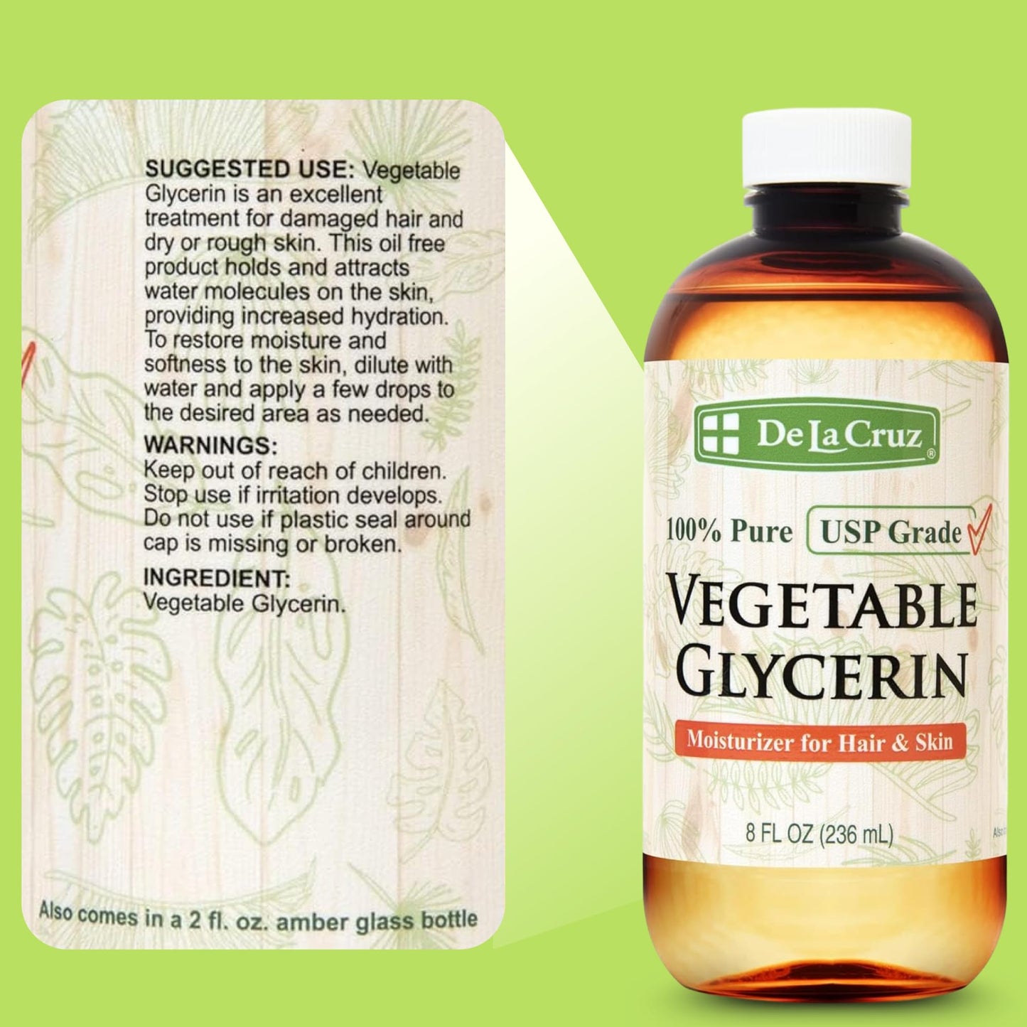 De La Cruz Vegetable Glycerin, 100% Pure Liquid Glycerine USP Grade for Hair, Skin and DIY Projects 8 FL. OZ.