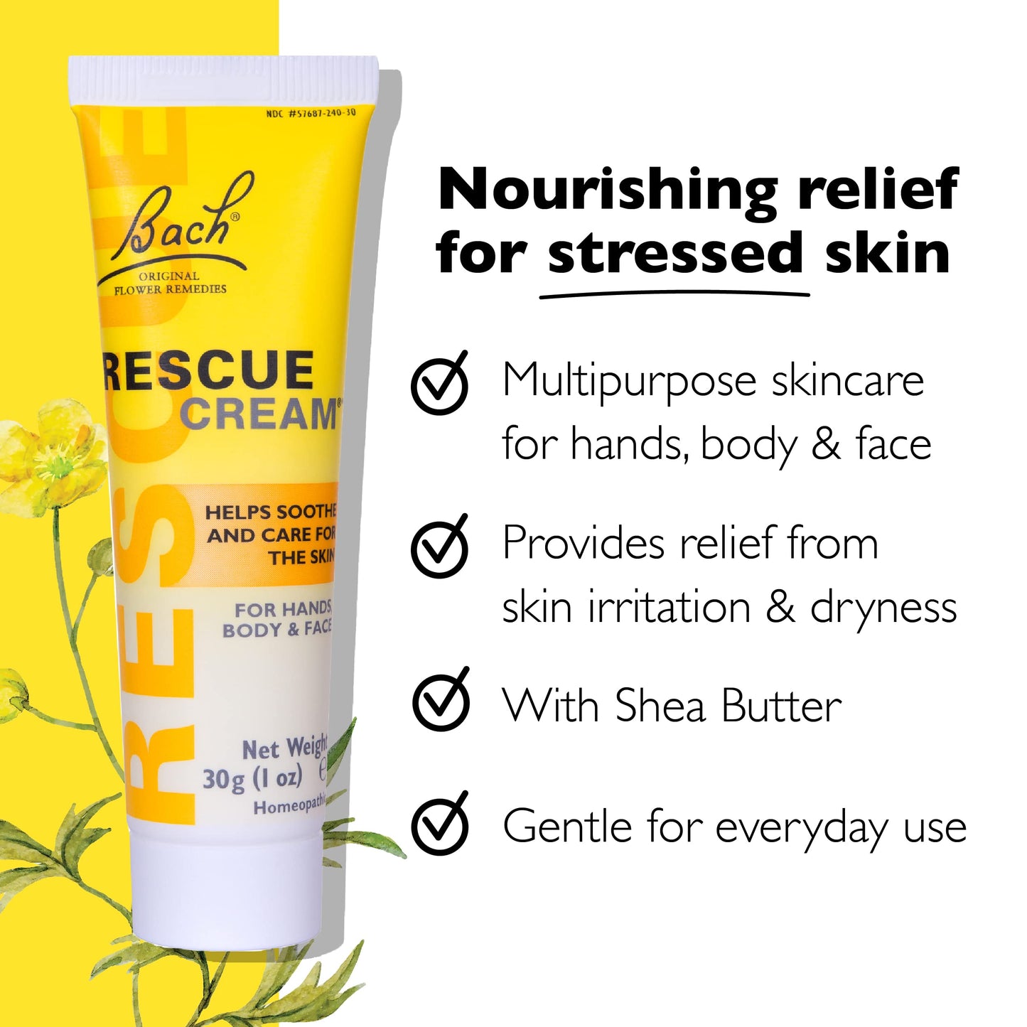 Bach Rescue Cream, Hydrating Skincare for Hands, Body and Face, Shea Butter, Homeopathic Stress Relief Flower Essences, Fragrance-Free, Paraben-Free, 3 Pack, 30g Ea