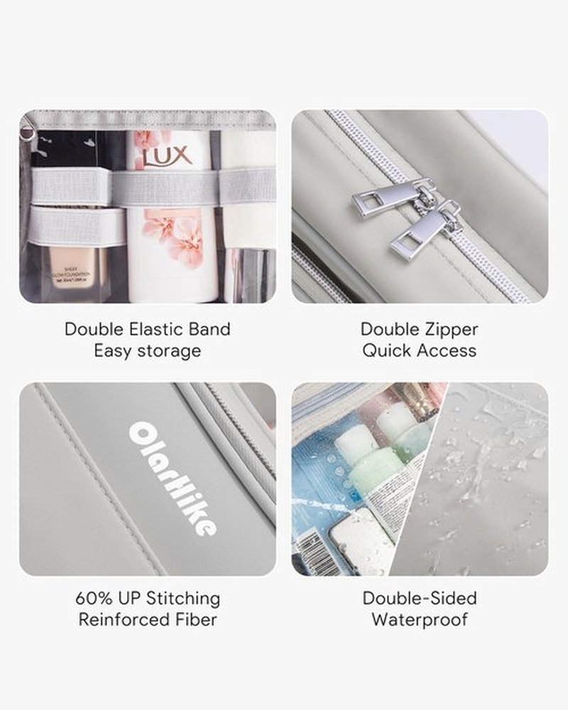 OlarHike Travel Toiletry Hanging Bag Waterproof, Makeup bag, Toiletries, Jewelry, Travel Essentials 3 in 1 Packing Organizers, Cosmetic Travel-Sized Container, Medium for Women Light Grey