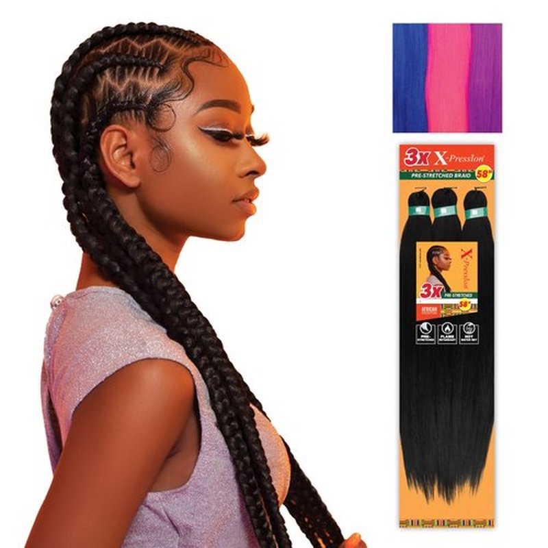 Sensationnel Xpression prestretched braiding hair - 3x xpression 58inch kanekalon fiber flame retardant smooth yaki braid - 3x x-pression 58 inch (1 pack, NBLUE/NPINK/NPURPLE)