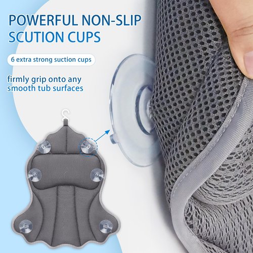 Poemland Bath Pillows for Tub, Luxury Bath Pillow Soft 4d Mesh, Bathtub Pillow with 6 Suction Cups, Ergonomic Bath Tub Pillows for Head and Neck, Bath Accessories for Women Relaxation Gifts (Grey)