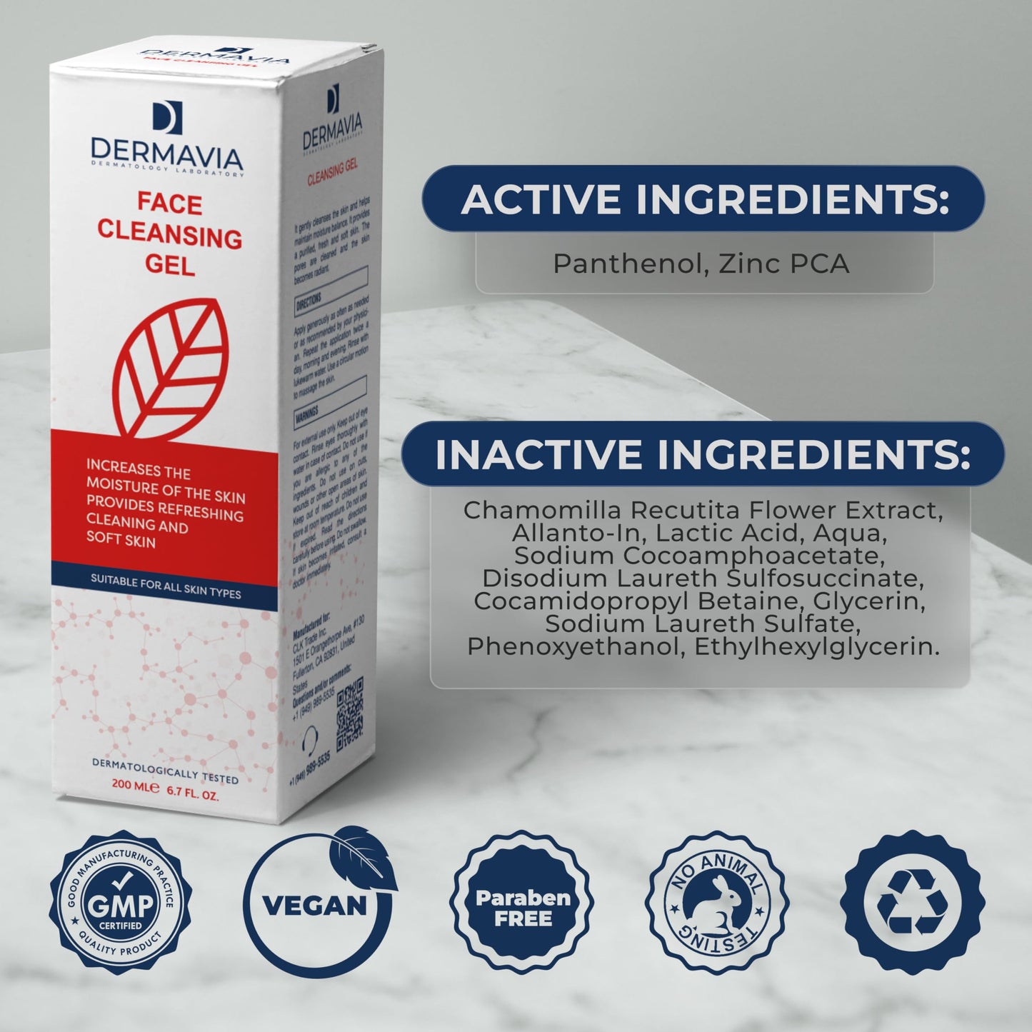 Face Cleansing Gel for All Skin Types - Face Cleanser Face Wash for Women Deep Cleanse with Zinc PCA, Allantoin, Panthenol, Lactic Acid, Chamomile Flower Extract - Hydrating Facial Cleanser - 200 ml