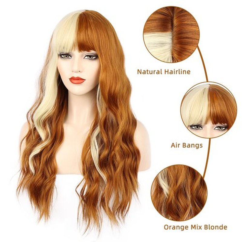 FORCUTEU Orange Wig With Bangs Long Orange Wigs for Women Orange and Blonde Wig Heat Resistant Wigs for Daily Party Cosplay Halloween (26Inch Orange and Blonde)