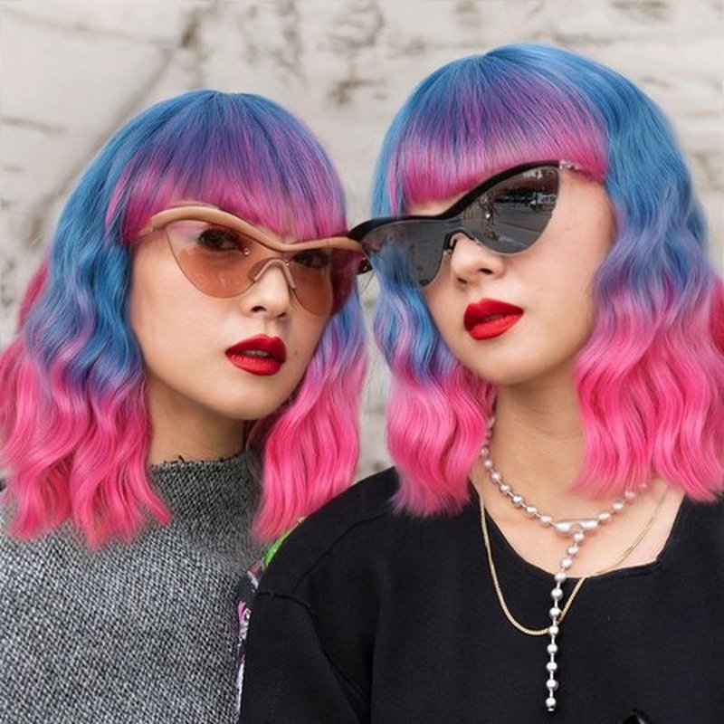 Fancy Hair Pink and Blue Wavy Bob Wig Short Wavy Wig with Bangs Glueless Wear and Go Wig Synthetic Shoulder Length Bob for Girl Women Daily Party Use