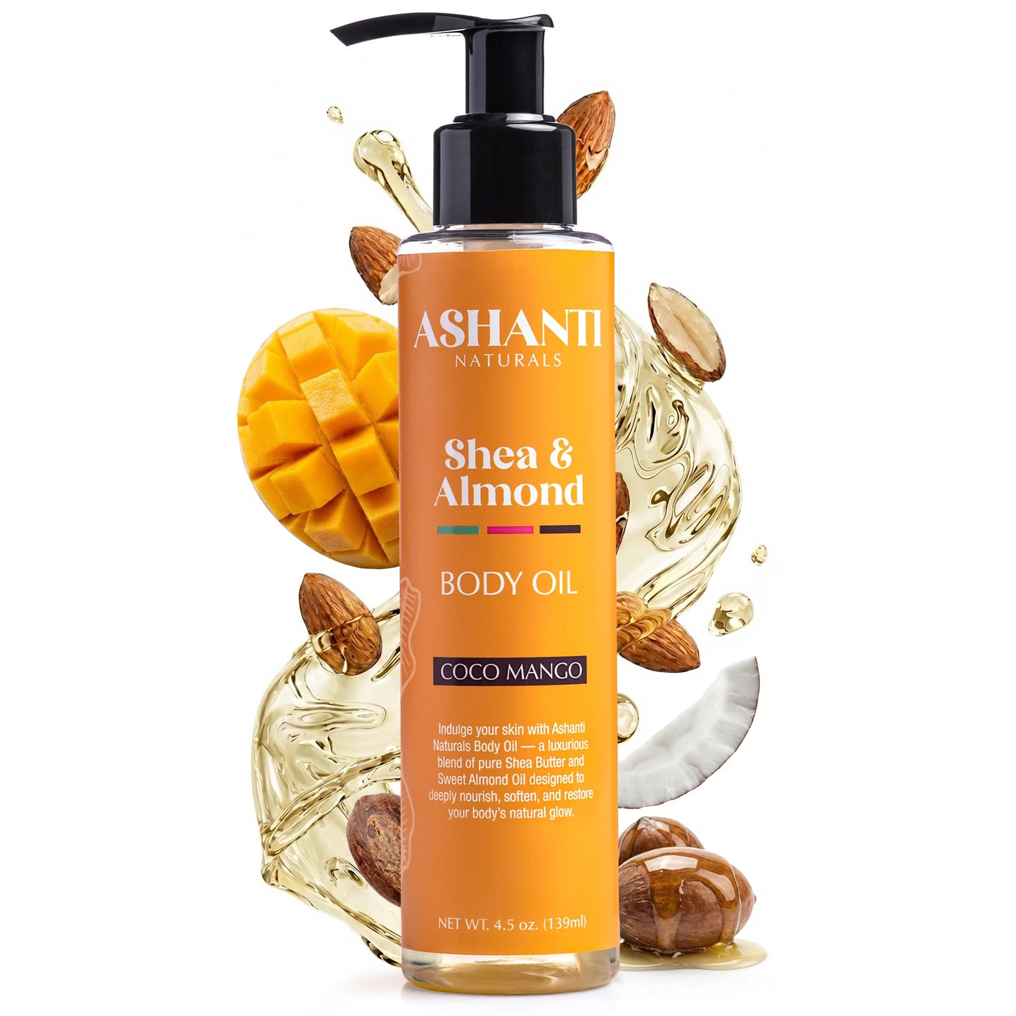 Ashanti Naturals Shea and Sweet Almond Oil for Hair and Body| Moisturizing Pure Body Oil for Dry Skin, Scalp and Hair [Fragrance: Coco Mango, 4 oz]