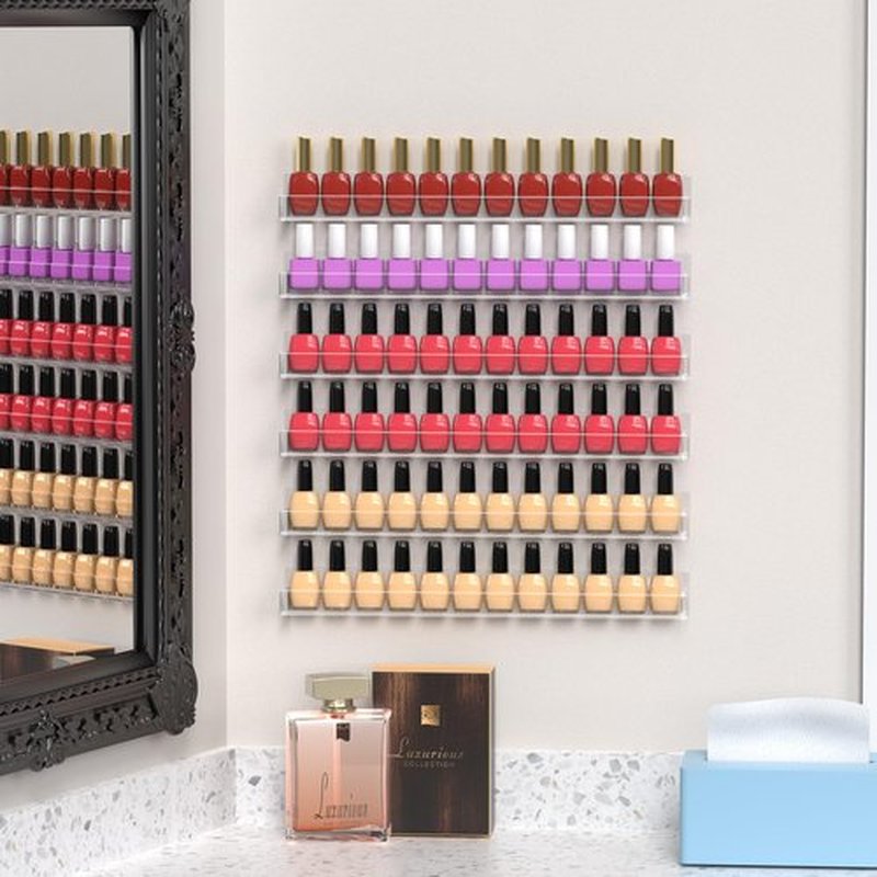 PMMASTO Adhesive Nail Polish Organizer Holder 15 Inch Clear Acrylic Wall Rack Shelf for 60-90 Bottles Nail Polish Display Rack For Nail Room Decor Organizer (6 Pack)