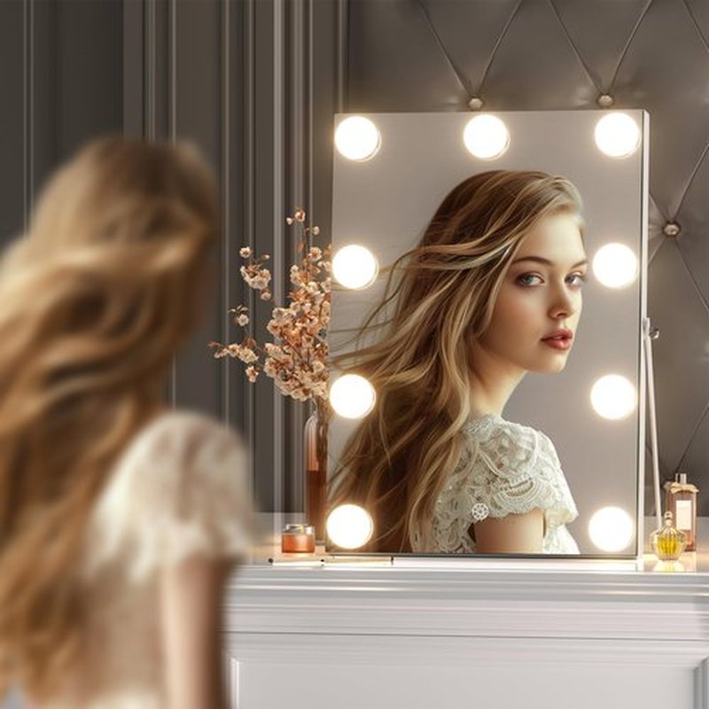 Hasipu Vanity Mirror with Lights, 9.8" x 13.8" Hollywood Mirror, Makeup Mirror with 9 Dimmable Bulbs, Smart Touch 3 Colors Dimmable, 360° Rotation, White