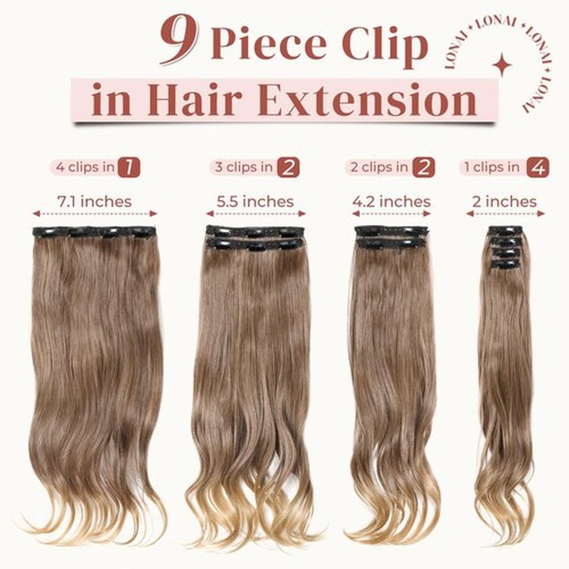 LONAI Clip in Hair Extensions, 9PCS Long Curly Wavy Layer Hair Clip Extensions, Synthetic Hair Extension Natural Soft Invisible Lace Hairpiece for Women Chocolate Brown to Light Brown