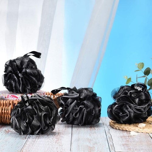 Yoget Bath Loofah Sponge, 4 Pack Black 60G Shower Mesh Ball Soft Pouf Body Scrubber, Exfoliate, Cleanse, Soothe Skin, Black Loofah with White Trim