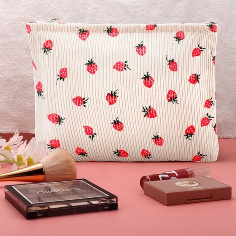 Makeup Bag for Women Large Corduroy Cosmetic Bag Travel Makeup Pouch for Purse Zipper Toiletry Bag Organizer Y2K Cute Aesthetic Trendy Makeup Brushes Storage Bag Travel Essential (Beige Strawberry)