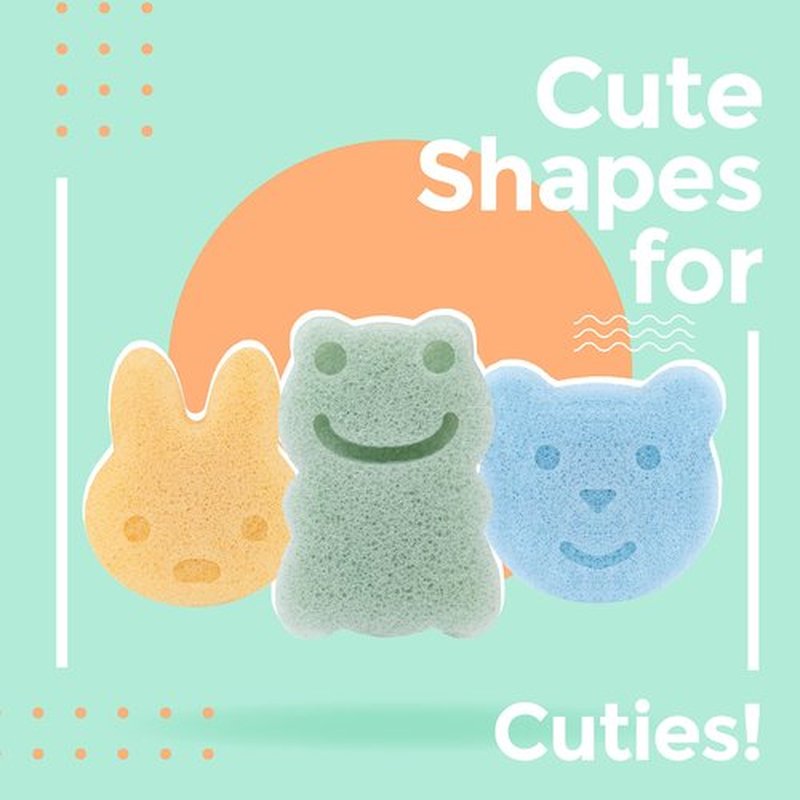 myHomeBody Konjac Baby Sponge for Bathing, Cute Shapes Natural Kids Bath Sponges for Infants, Toddler Bath Time, Natural and Safe Plant-Based Konjac Baby Bath Toys, 3pc. Set: Rabbit, Frog, Bear face