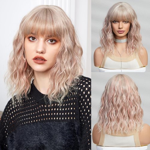OMELPIS Short Pink Wavy Wig with Bangs Natural Shoulder Length Khaki Pink Water Wave Bob Wigs for Women Colorful Heat Resistant Synthetic Fiber Curly Hair for Anime Cosplay Party Holiday Daily 16In