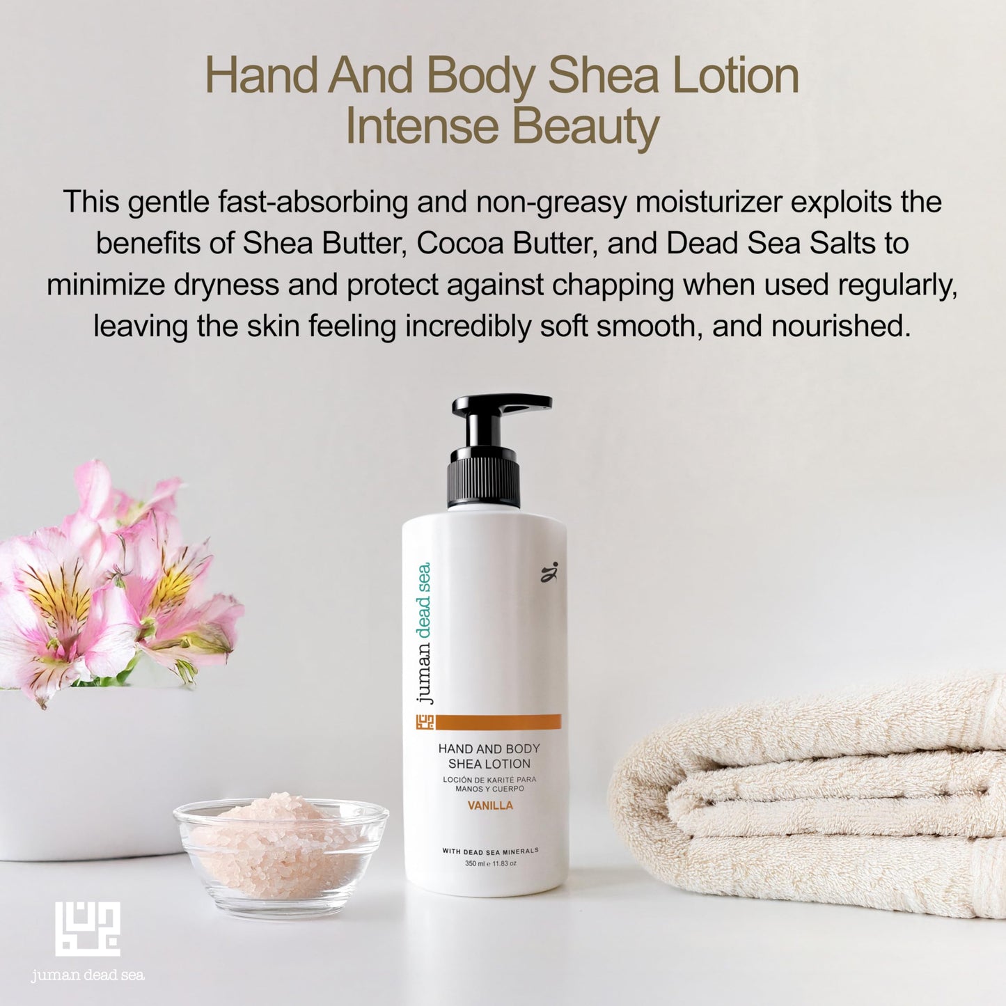 JUMAN Dead Sea Minerals Fast Absorbing & Non-Greasy Body Lotion | Vanilla | Intense Beauty Dry Skin Moisturizer | Hydrating Moisturizer with Shea and Cocoa Butter & Sweet Almond Oil | Vegan | 11.8 OZ