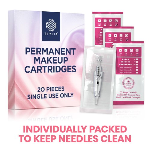 Stylia 20PC Permanent Makeup Permanent Makeup Cartridges for Microshading, Lip Lining, Detailing, Eyeliner & Eyebrows - Clear, Sharp, Disposable & Easy to Install - 5RS For Shading