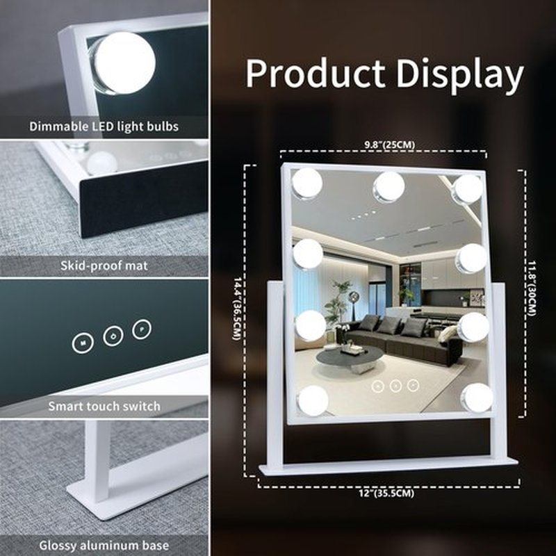 Vanity Mirror with Lights,Lighted Vanity Mirror with 9 Dimmable Bulbs for Dressing Room & Bedroom,3 Color Lighting,Modes Detachable 10x Magnification 360°Ratation(White)