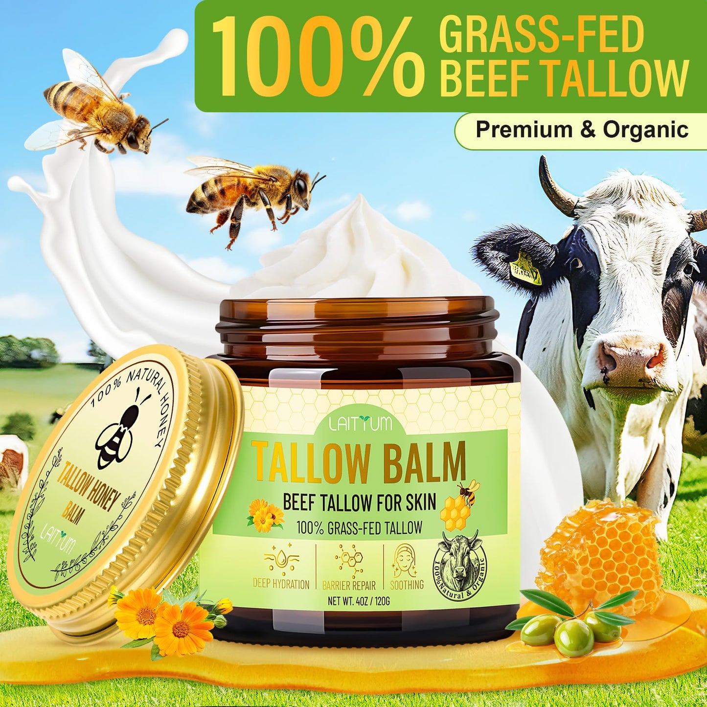 LAITYUM Beef Tallow for Skin -4oz Organic Tallow and Honey Balm for Face Moisturizer,100% Grass Fed Beef Tallow Cream,Natural Whipped Tallow Balm Deeply Nourishment for Body Dry,Cracked,Sensitive Skin