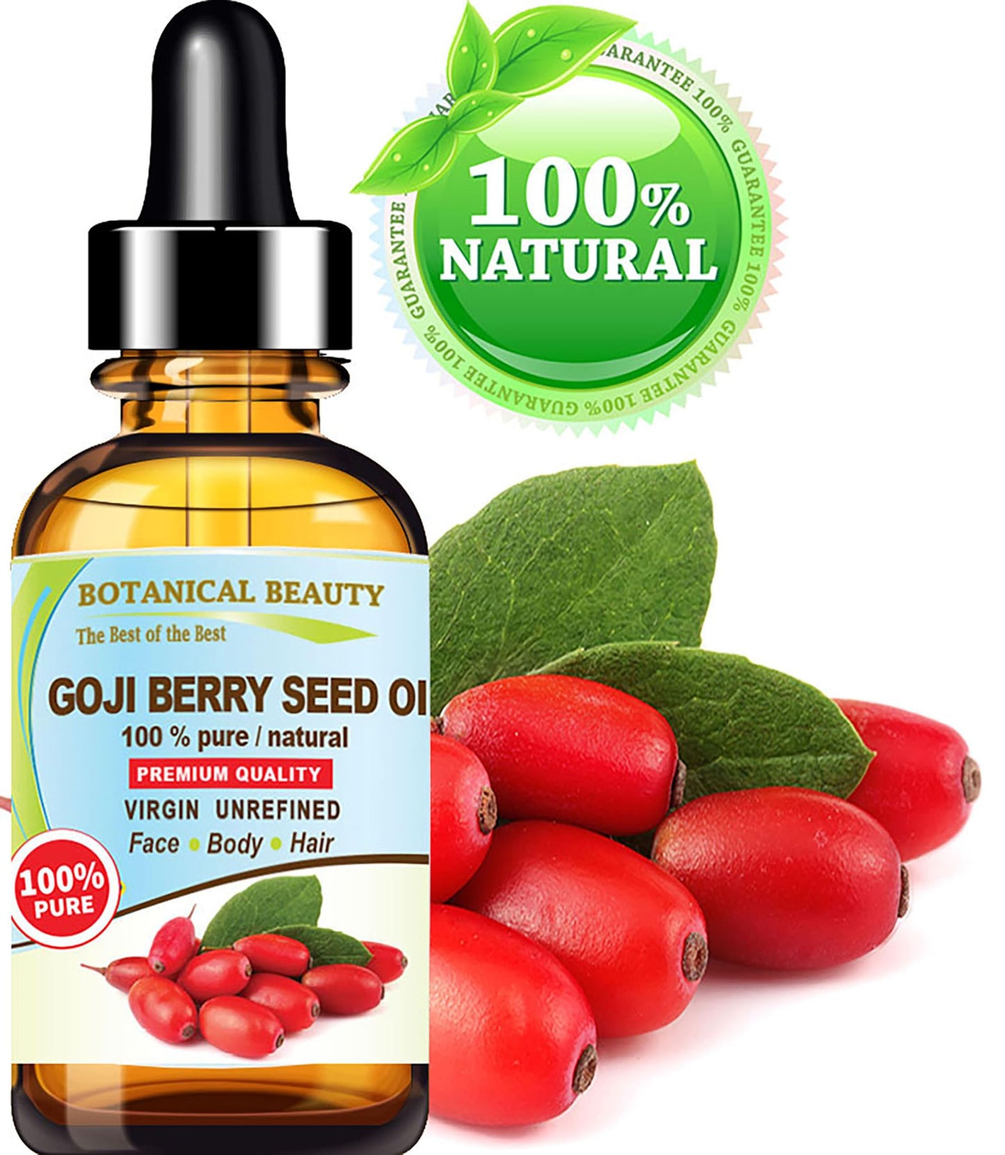 Botanical Beauty GOJI BERRY SEED OIL Lycium Barbarum Himalayan 100% Pure Natural Virgin Unrefined Cold Pressed Carrier Oil 0.5 Fl. Oz.- 15 ml for FACE, SKIN, DAMAGED HAIR, NAILS