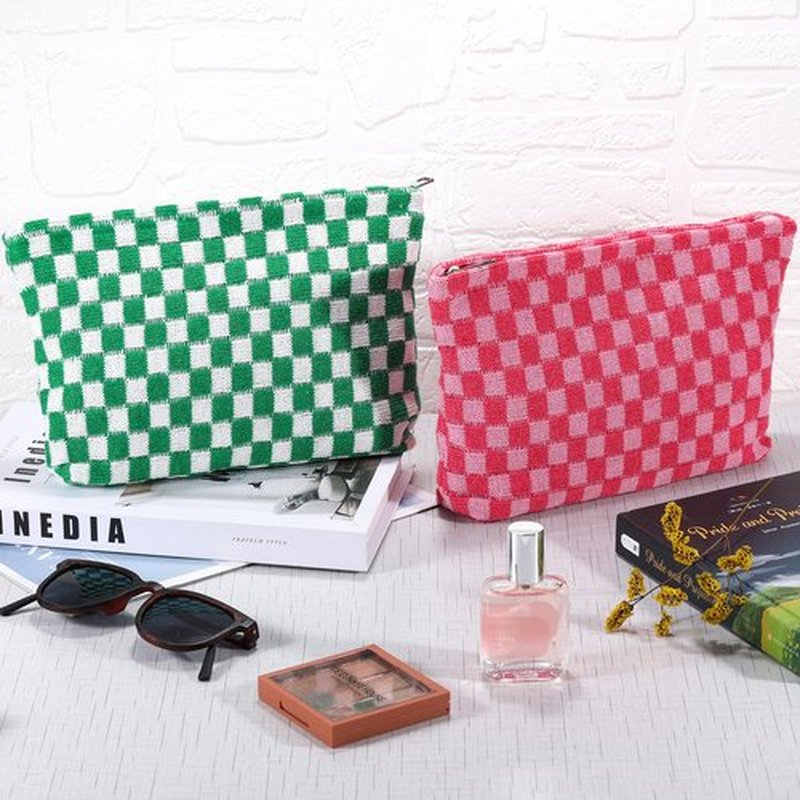 ZLFSRQ 2Pcs Checkered Makeup Bag for Women Large Capacity Cosmetic Bag Set Travel Makeup Pouch for Purse Zipper Toiletry Organizer Cute Y2K Aesthetic Trendy Makeup Brushes Storage Bag(Pink/Green)