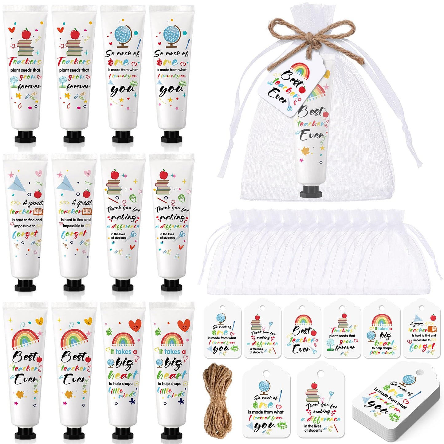Dimsile 12 Set Valentine's Day Gifts for Teacher Appreciation Hand Cream Moisturizing Hand Lotion Thank You Teacher Gifts Travel Size with Cards Organza Bags for Dry Cracked