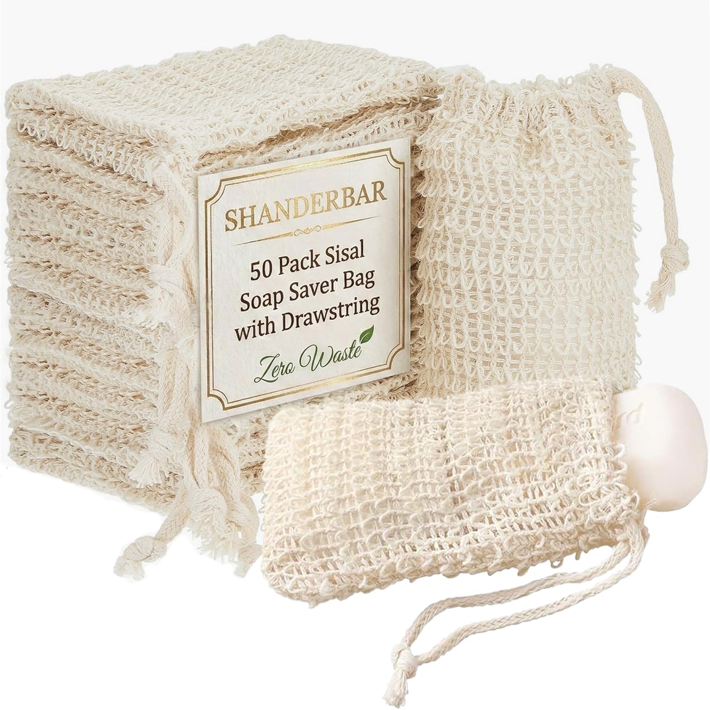 50 Pack Sisal Soap Saver Bag with Drawstring, Natural Cotton-Linen Exfoliating Net Pouch for Foaming and Drying, Travel Bar Soaps Mesh Bags Soap Savers for Bath and Shower Use