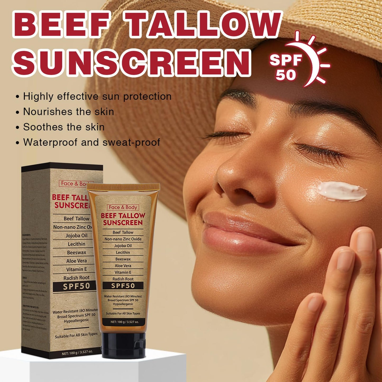 Beef Tallow Sunscreen with Zinc Oxide for Body Facial, Non-Toxic Natural Mineral Sunscreen Reef Safe Sunblock SPF 50,Clean Non-Greasy (For Sport or Daily Use), 3.5 OZ