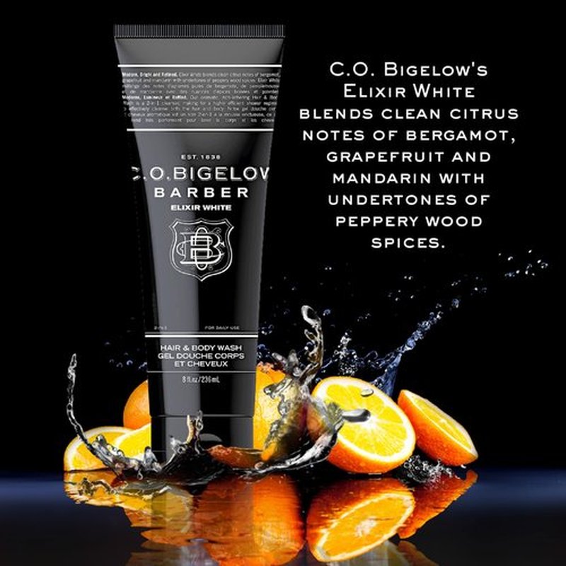 C.O. Bigelow Men's Hair and Body Wash, Elixir White, No. 1607, 8 fl oz, Mens Body Wash & Shampoo, Citrus & Bergamot Moisturizing Mens Shampoo & Body Cleanser