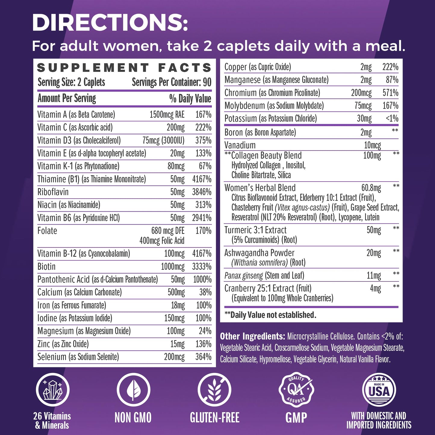 Vitamin World Ultra 360 Multivitamin for Women, Women's Multivitamin with Herbs & Collagen for Hair, Skin & Nails, Supplement with Iron, Vitamin A, B, C, D, E for Energy & Immune Support, 180 Caplets