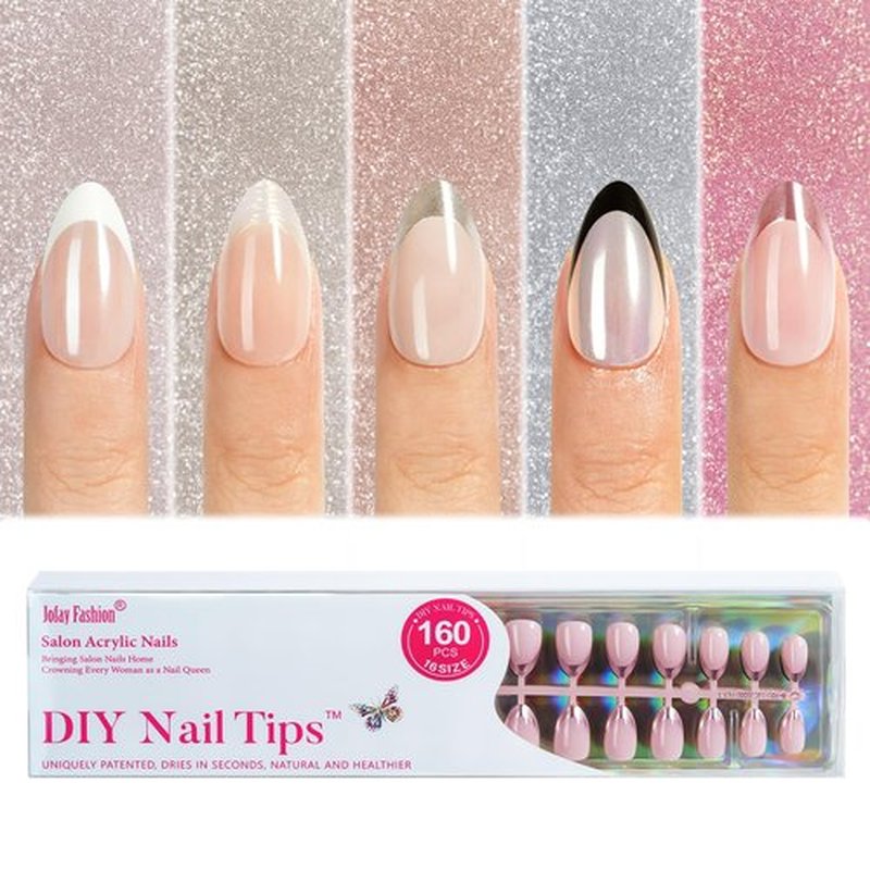French Tip Press on Nails - Chrome Press on Nails Short Almond, French Nails Soft Gel Nails False Nail, Stick On Nails in 16 Sizes -160PCS Soft Gel Fake Nails Kit