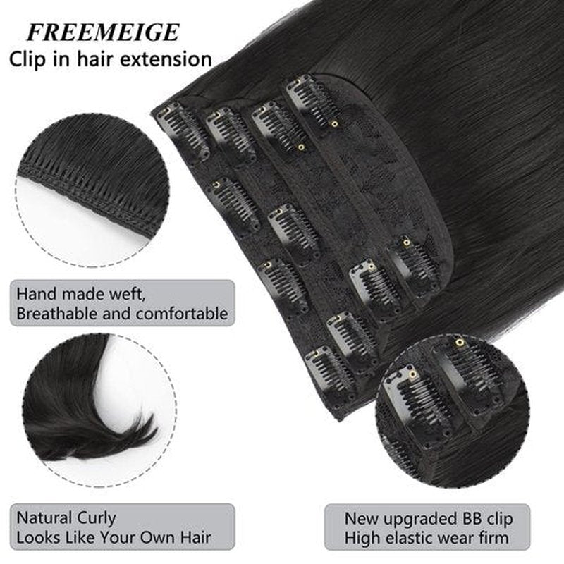 FREEMEIGE Black Hair Extensions Clip in Hair Extensions for Women Straight Layered Hair Extensions Synthetic Heat Resistant Long Wavy Daily Use 20 Inch