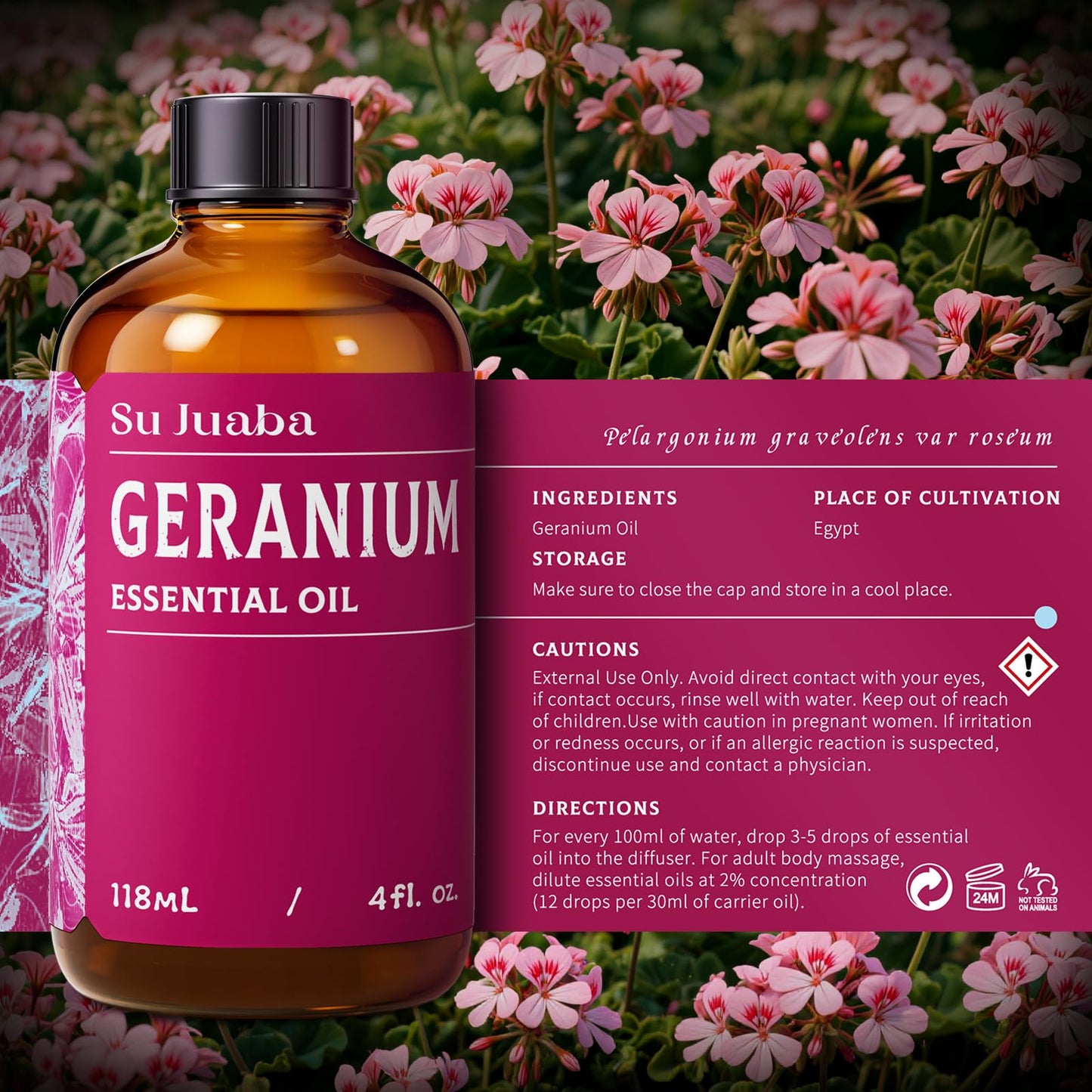 SU JUABA Geranium Essential Oil 4 Oz, Aromatherapy Oil for Diffuser, Skin Care, Hair & Massage - 118ML