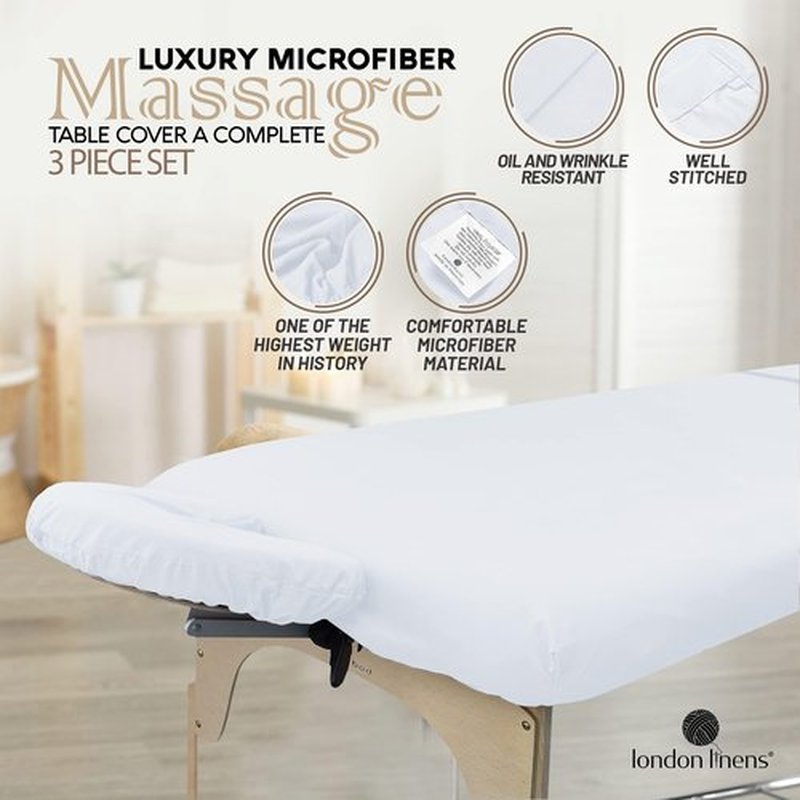 LONDON LINENS Soft Microfiber Massage Table Sheets Set 3 Piece Set - Includes Massage Table Cover, Massage Fitted Sheet, and Massage Face Rest Cover (White), Pack of 2
