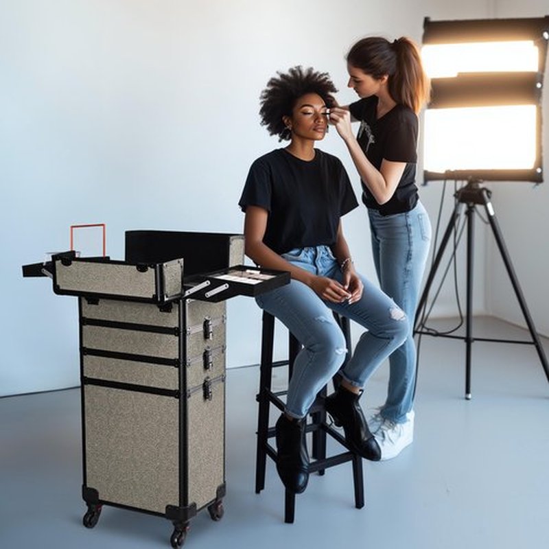 BYOOTIQUE Rolling Makeup Train Case 4in1 Cosmetic Trolley Organizer Travel Case Lockable Salon Barber Case with Wheels for Makeup Artist Trave Nail,Rococo GainsBoro