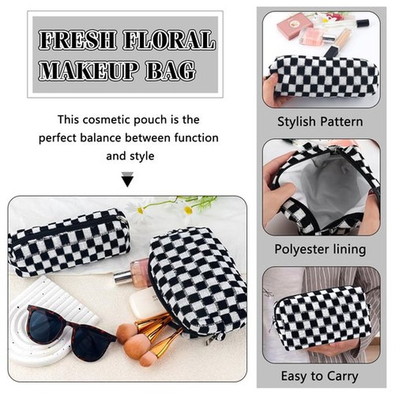 2Pcs Checkered Makeup Bag for Women Cometic Pouch Travel Small Cosmetic Bag Set Cute Makeup Pouch for Purse Portable Zippered Skincare Bag Toiletry Bag Organizer Preppy Trendy Storage Bag(Black)
